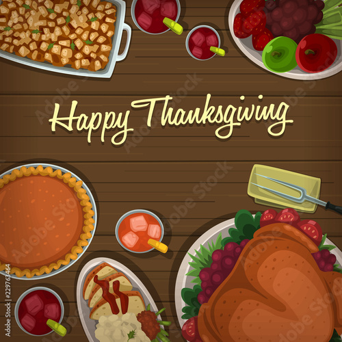 vector cartoon happy thanksgiving banner with top down food menu arranged on wooden table illustration