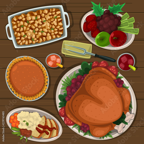 vector cartoon thanks giving top down dishes arranged on table illustration background