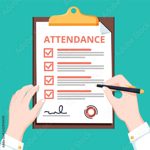 Man hold Attendance clipboard with checklist. Questionnaire, survey, clipboard, task list. Flat design, illustration