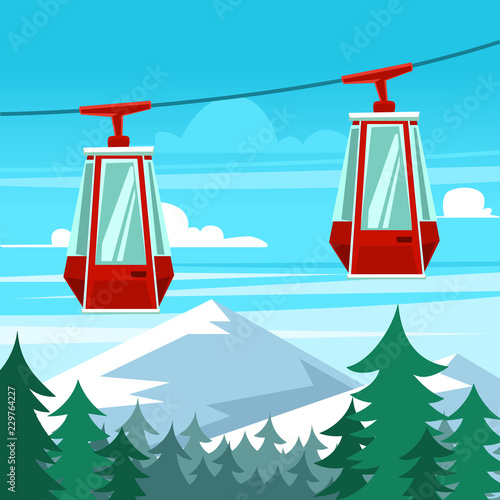 vector cartoon winter sport recreation illustration with aerial tramway gondola and pine trees