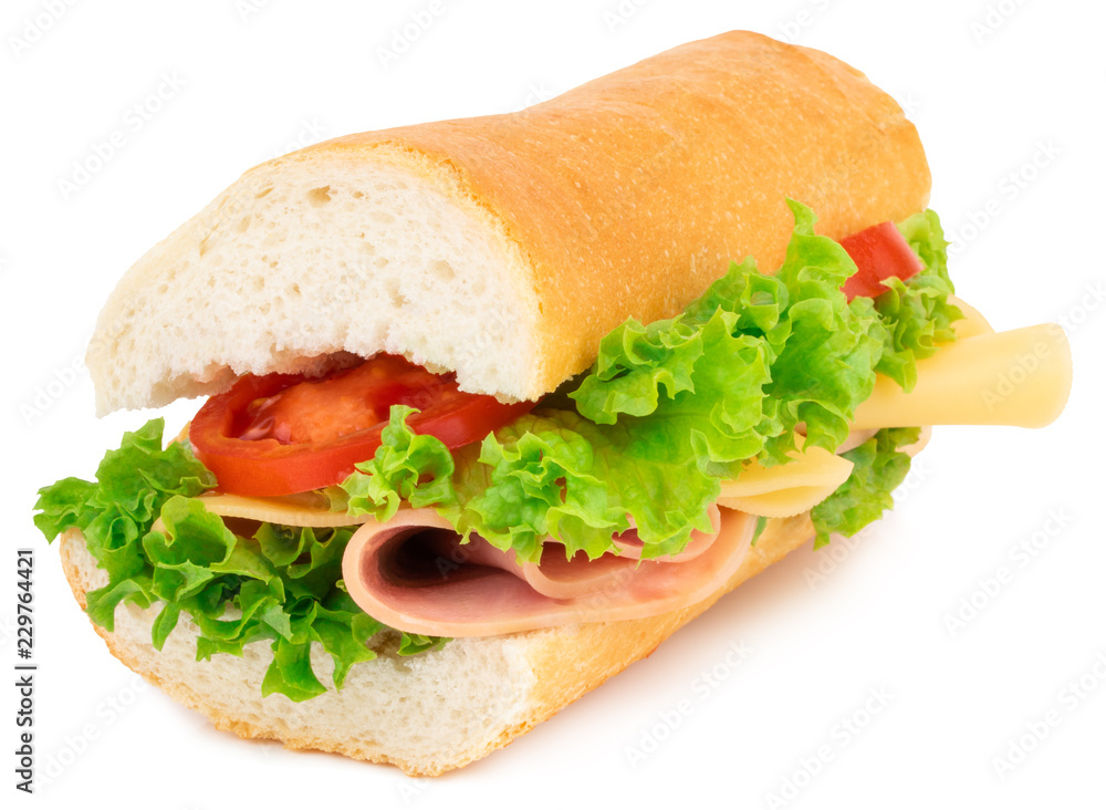 Fresh baguette sandwich with ham, cheese, tomatoes, and lettuce isolated on white background Fresh baguette sandwich with ham, cheese, tomatoes, and lettuce isolated on white background