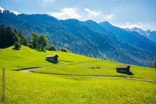 Górski krajobraz z trawą i domkami