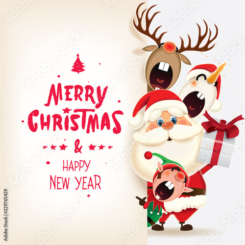 Christmas companions-Santa Claus  Snowman Reindeer and Elf with textual signboard isolated on a white background