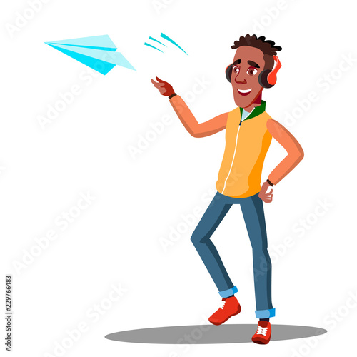 Teenager Launcheing A Paper Plane Vector. Isolated Illustration