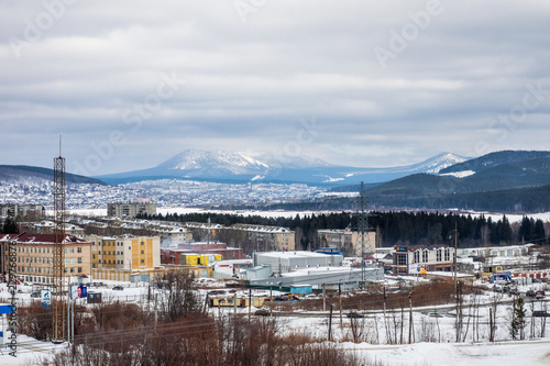 Panorama of the city located high in the mountains in the southern Urals. Zlatoust. Russia. winter cityscape