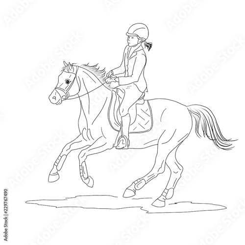 Fototapeta Naklejka Na Ścianę i Meble -  An illustration of a young girl cantering on a big pony.