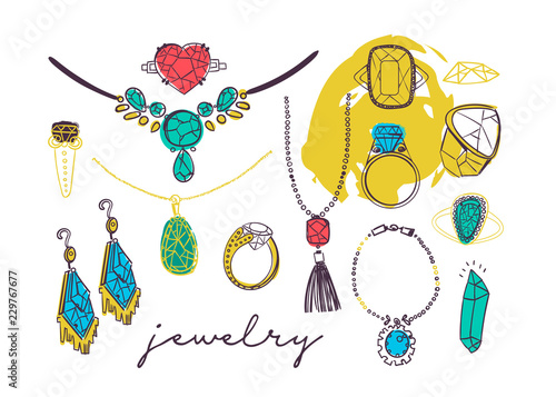 Hand drawn jewelry. Colored vector set. All elements are isolated