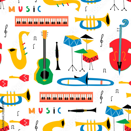 Hand drawn various musical instruments. Mid century style. Colored vector seamless pattern
