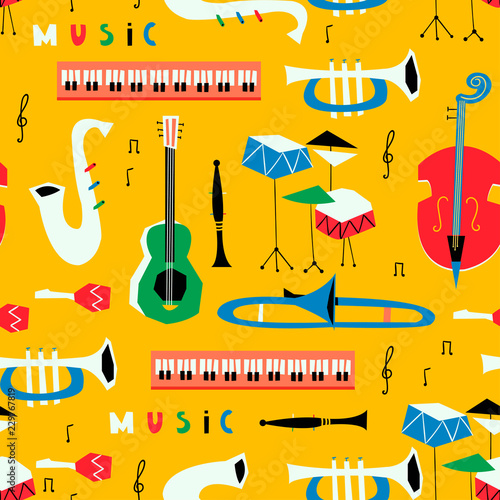 Hand drawn various musical instruments. Mid century style. Colored vector seamless pattern. Yellow background