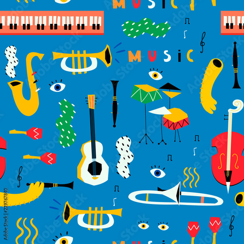 Hand drawn various musical instruments. Mid century style. Colored vector seamless pattern. Blue background