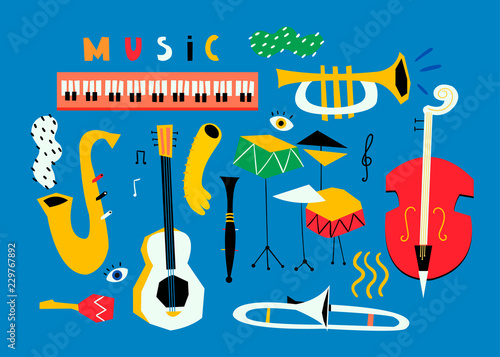 Hand drawn various musical instruments. Mid century style. Colored vector set. Blue background. All elements are isolated