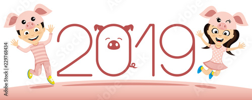 Children in costume piglets jumping to have fun in the new 2019 year.