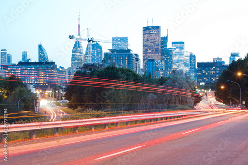 Photography Vew of downtown Toronto and CN tower from east side before sunset
