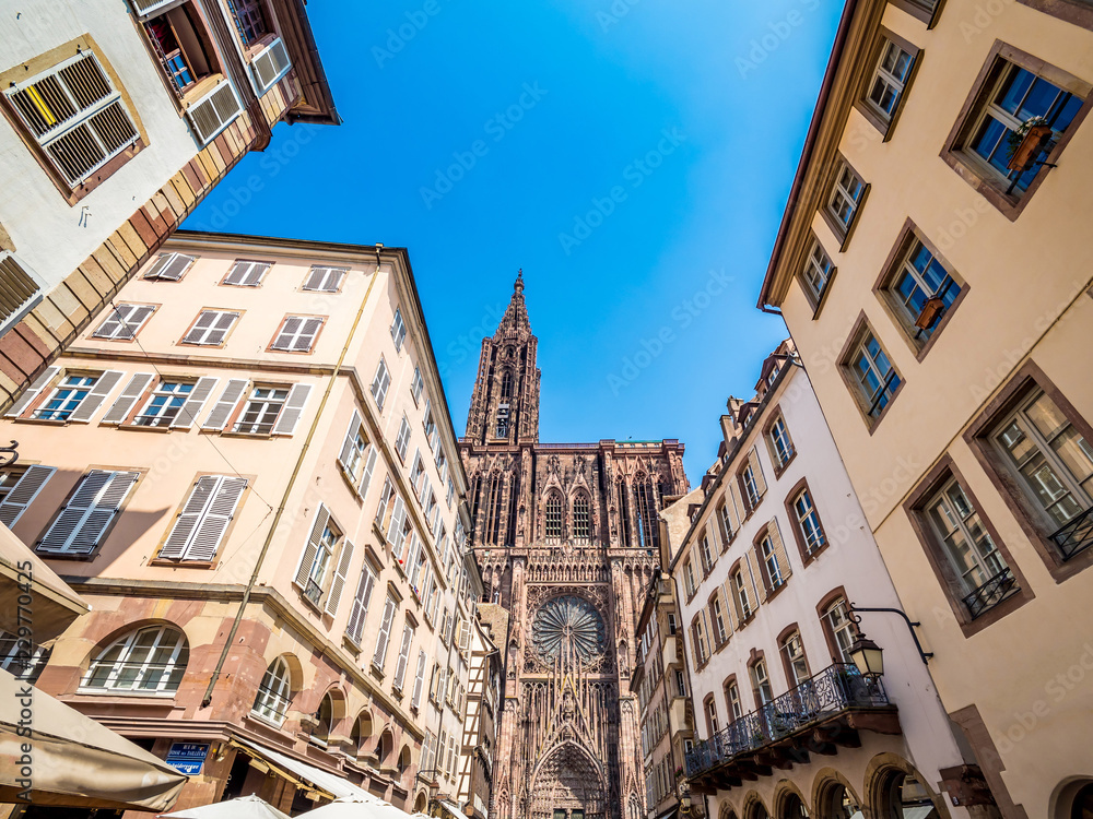 Strasbourg Cathedral or the Cathedral of Our Lady of Strasbourg (French: Cathedrale Notre-Dame de Strasbourg), also known as Strasbourg Minster, Alsace, France wide angle