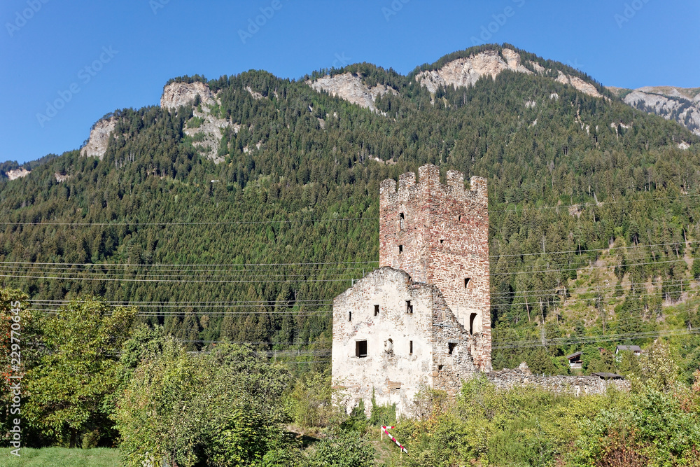 Starting helicopter and sunny days at ruins of Campell (Campi) Castle near Sils im Domleschg, Switzerland