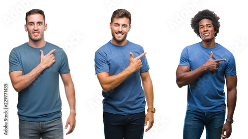 Collage of group of hispanic and african american men over isolated background cheerful with a smile of face pointing with hand and finger up to the side with happy and natural expression on face