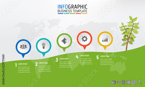 Business infographic milestone template mountain climbing and tree with 5 teps, options, processes. Vector illustration.