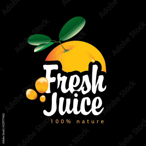 Vector banner with ripe juicy orange, juice splashes and calligraphic inscription Fresh juice on black background