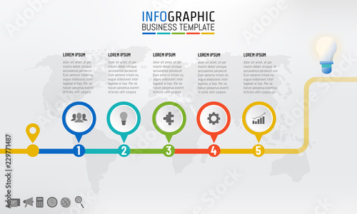Company timeline infographic template design with 5 options with light bulb. Vector illustration