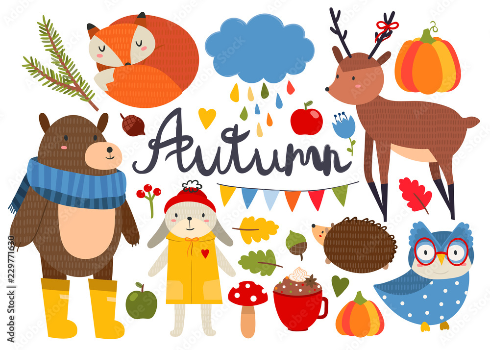 Naklejka premium Cute autumn animals and various objects. Colored vector set. All elements are isolated