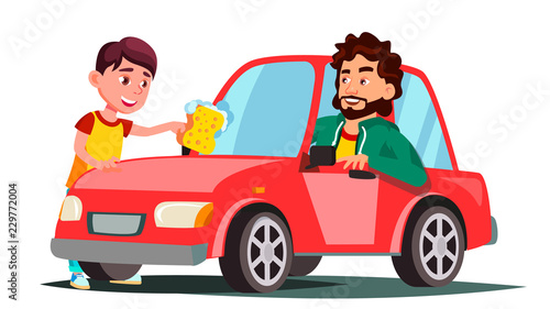 Boy With Sponge Washing The Window Of Car Vector. Isolated Illustration