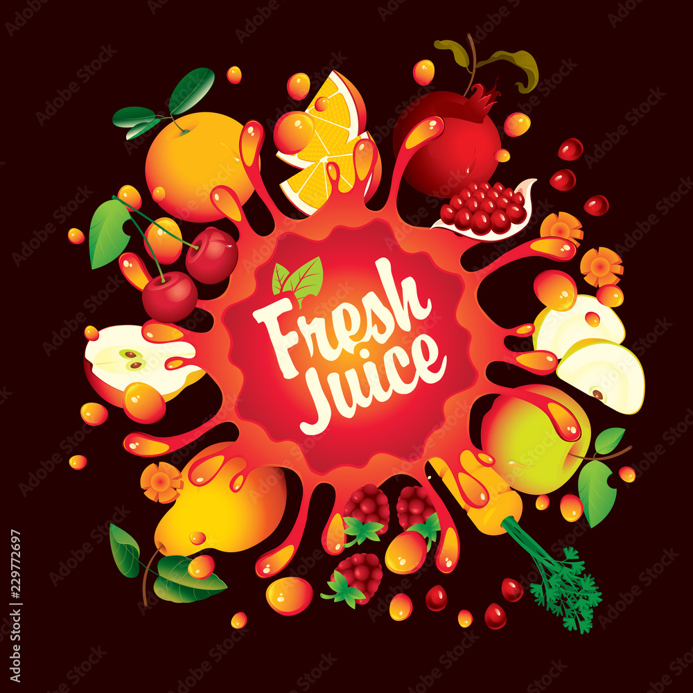 Vector banner with calligraphic inscription Fresh juice with various  fruits, berries and vegetables and juice splashes on black background Stock  Vector | Adobe Stock