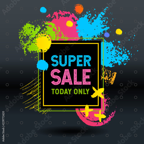 Frame flash super sale, weekend special offer banner template, colorful trendy brush sroke style, poster, placard, print designs. Hand drawn vector illustration