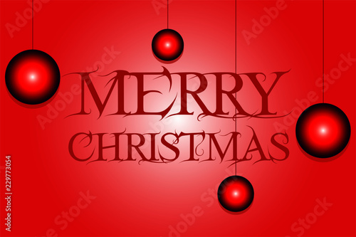 Illustrazione testo Merry Christmas con bocce di natale su sfondo rosso, vettoriale