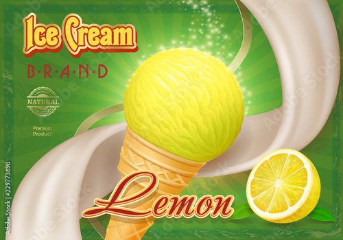 Lemon yellow ice cream in the cone advertising package design,