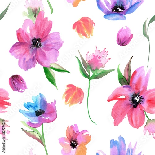 Watercolor seamless pattern with pink flowers