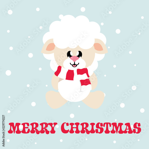 cartoon cute sheep white with scarf sitting and christmas text © julia_january