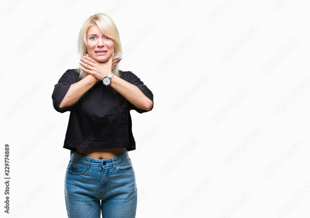 Young beautiful blonde woman over isolated background shouting and suffocate because painful strangle. Health problem. Asphyxiate and suicide concept. Young beautiful blonde woman over isolated background shouting and suffocate because painful strangle. Health problem. Asphyxiate and suicide concept.