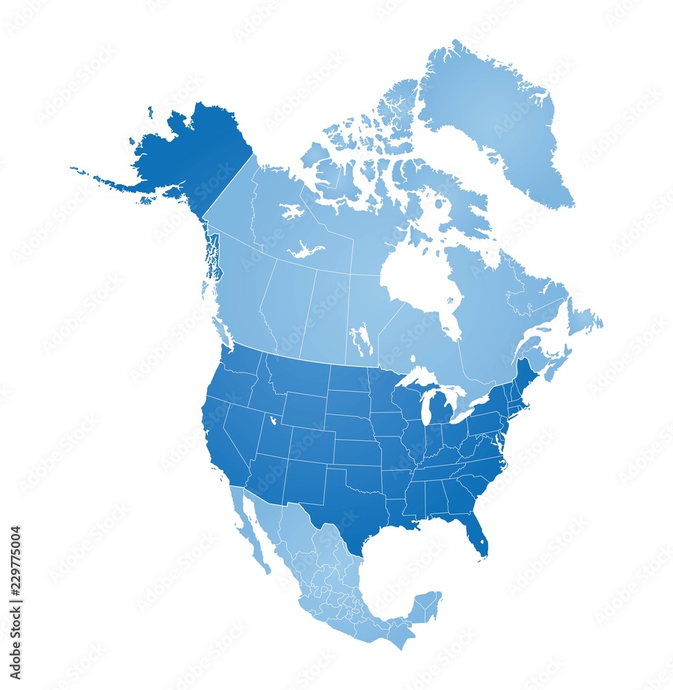 Map of North America, USA, Canada, Mexico and Greenland