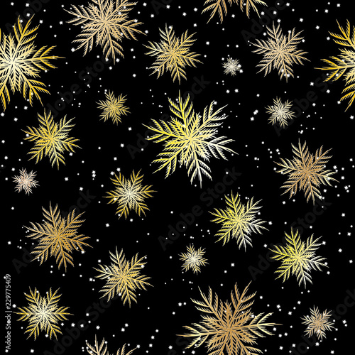 Christmas and New Year background. Gold seamless pattern of snowflakes on black background. Vector