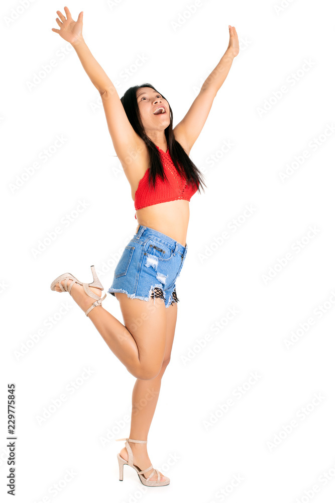 Laughing joyful Asian woman with outstretched arms Laughing joyful Asian woman with outstretched arms