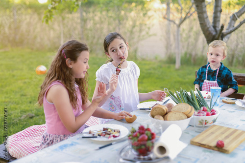 Tree kid sitting by the table in nature and eating. Having family lunch on beautiful summer day. © dusanpetkovic1