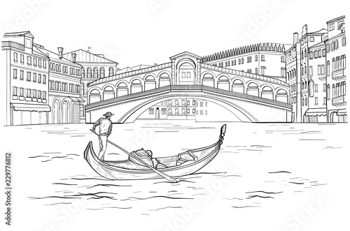 Sketch of Venetian gondola with gondolier, Realto bridge. Black and white