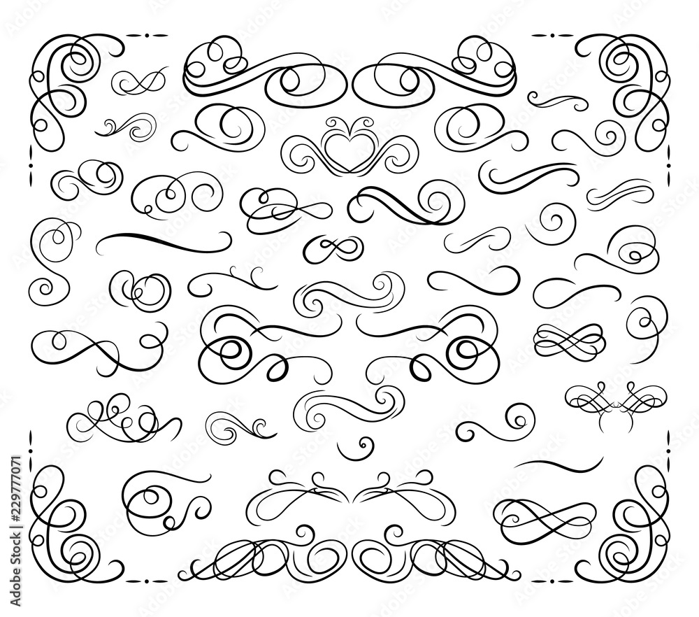 Vector Collection of Calligraphic Design Elements, Swirls Set, Black Lines Isolated.