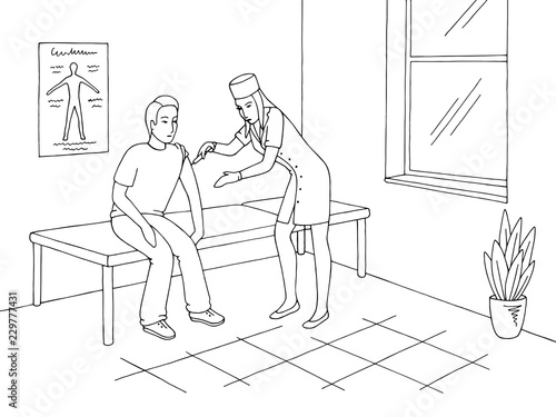 Nurse vaccinating a boy in doctor office graphic black white interior sketch illustration vector