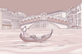 Venetian gondola with gondolier near Realto bridge.