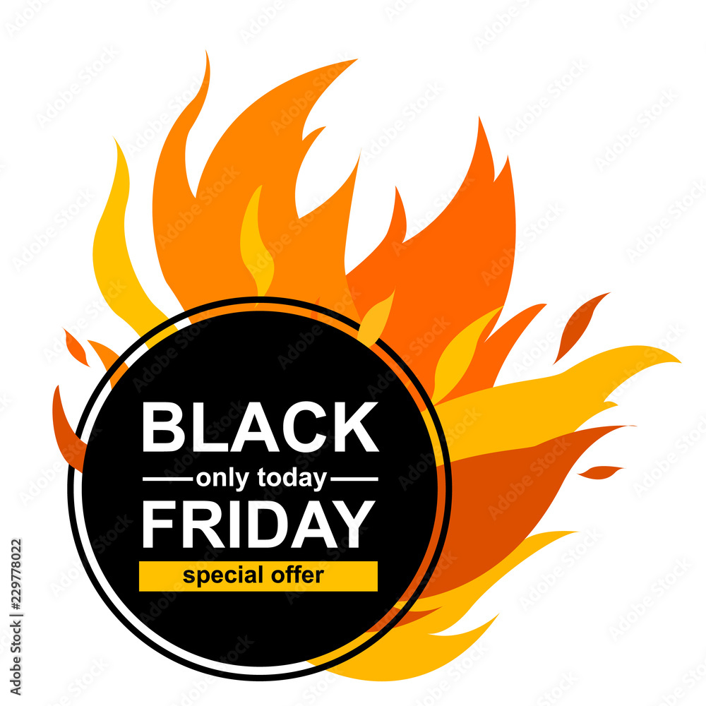 Vector Illustration. Circle banner with Special offer in Black Friday. Black card for hot offer with frame fire graphic Vector Illustration. Circle banner with Special offer in Black Friday. Black card for hot offer with frame fire graphic