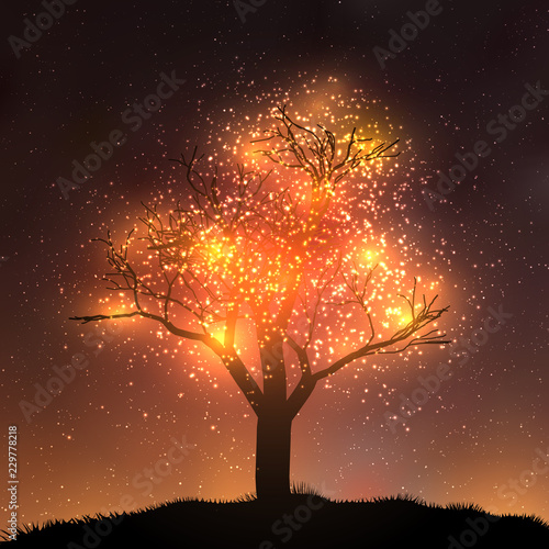 Magic tree illustration. Tree silhouette on hill with shiny stars - magic colored folliage
