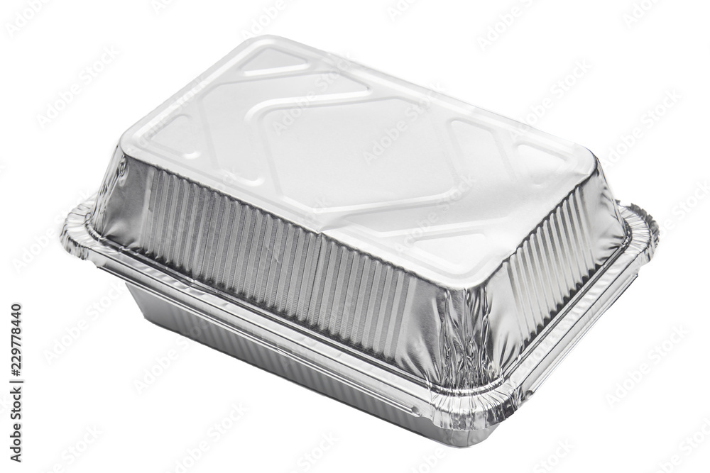 Foil food delivery container with reflection isolated over the white background Foil food delivery container with reflection isolated over the white background