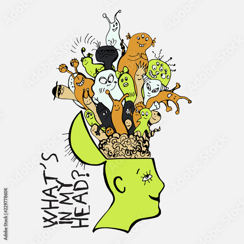 Human brain with cute cartooning monster inside. Concept about what strange things people have in thoughts. Funny monster in one branch inside persons brain