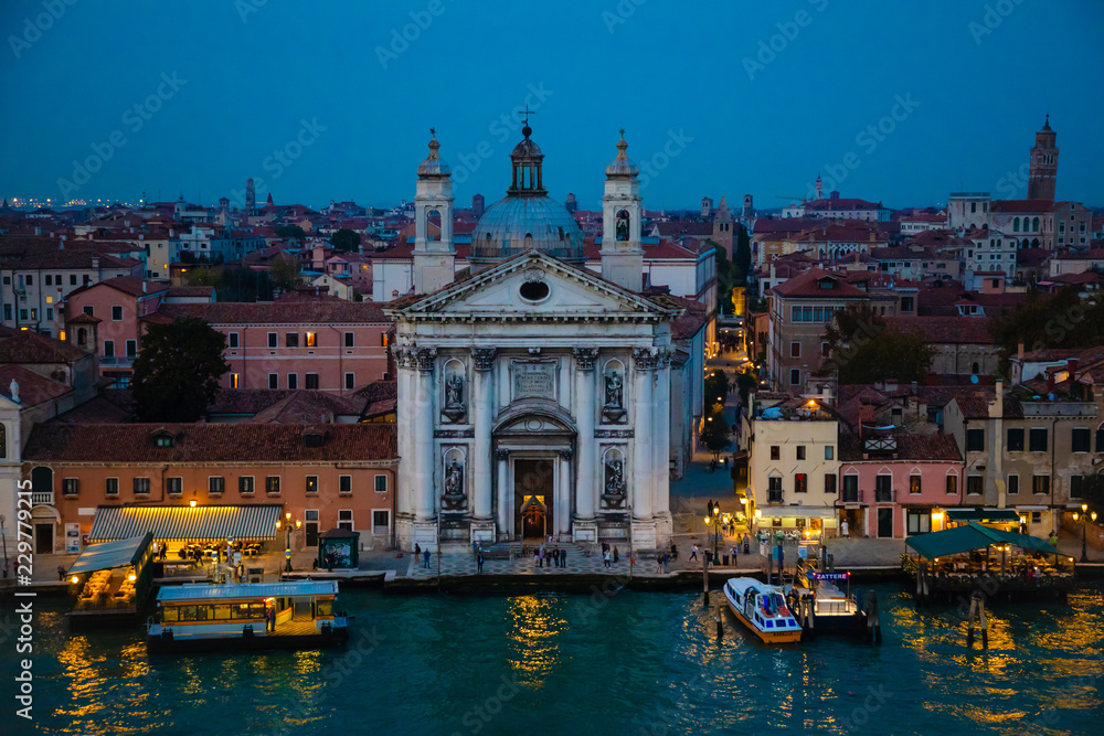 Night view of Church of Santa Maria del Rosario or Gesuati on Grand Canal in Venice in Italy