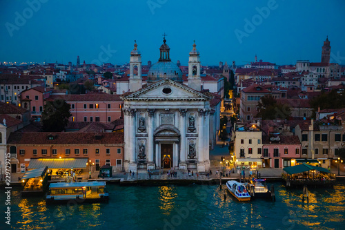 Night view of Church of Santa Maria del Rosario or Gesuati on Grand Canal in Venice in Italy