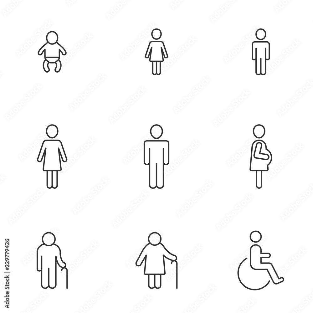 People: baby, children,woman, men, pregnant woman, elderly, disable. Social groups