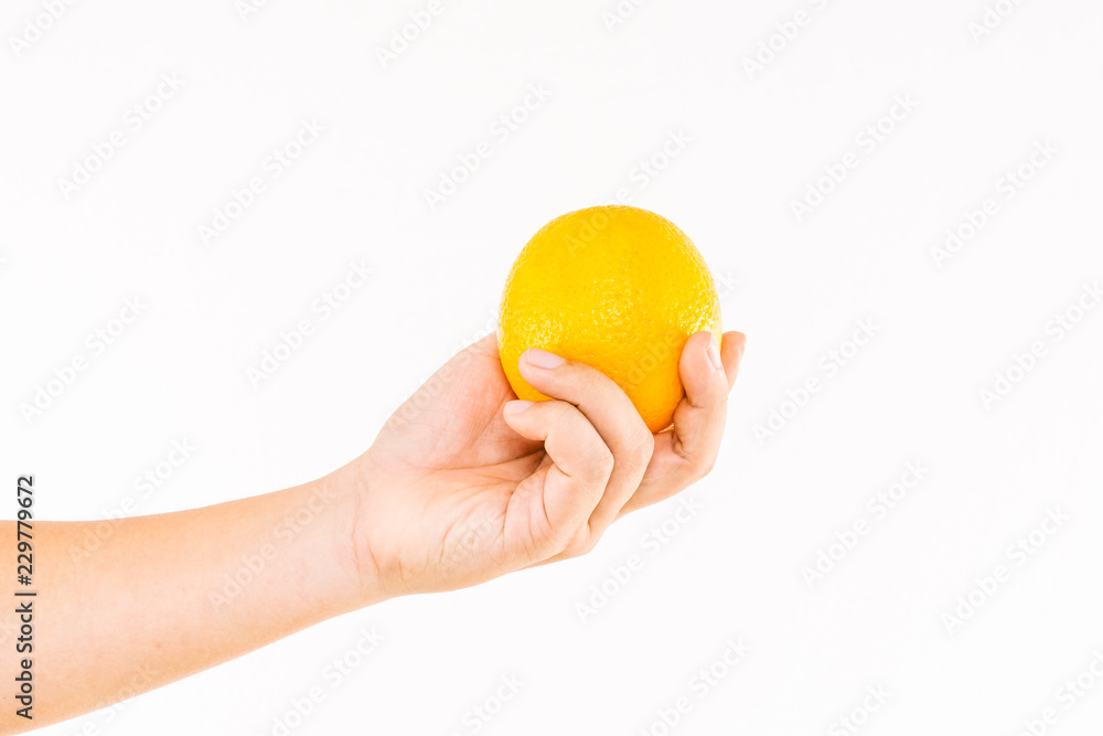 Closeup Hand Holding Orange White Background Closeup Hand Holding Orange White Background