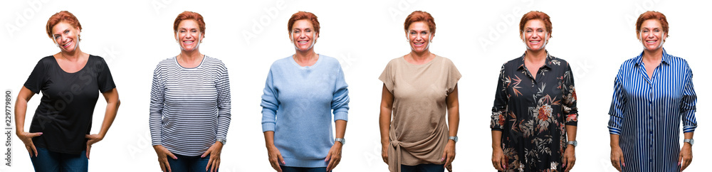 Collage of middle age senior woman over white isolated background with a happy and cool smile on face. Lucky person. Collage of middle age senior woman over white isolated background with a happy and cool smile on face. Lucky person.