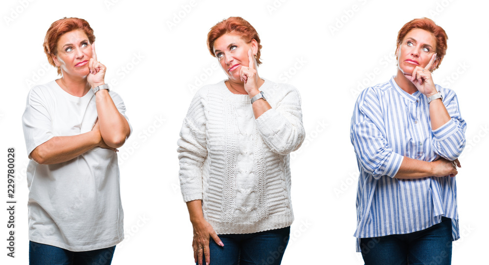 Collage of middle age senior woman over white isolated background with hand on chin thinking about question, pensive expression. Smiling with thoughtful face. Doubt concept. Collage of middle age senior woman over white isolated background with hand on chin thinking about question, pensive expression. Smiling with thoughtful face. Doubt concept.